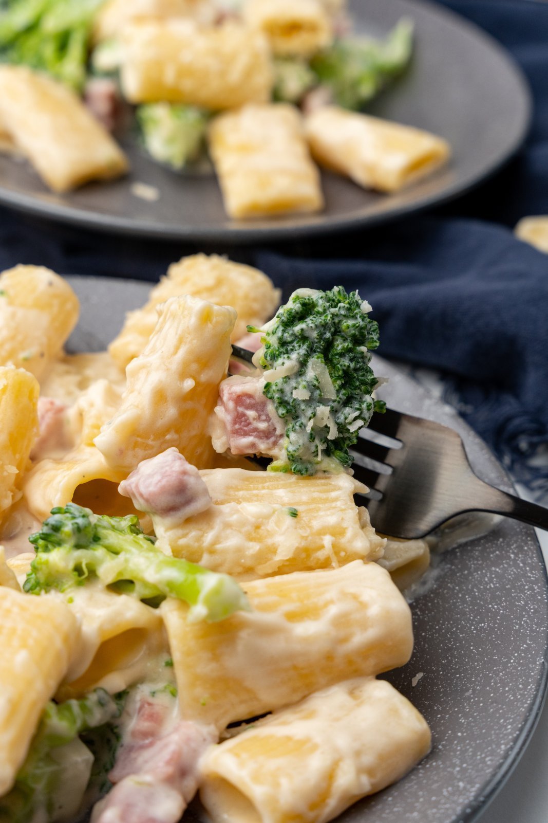 a fork with ham brococli alfredo