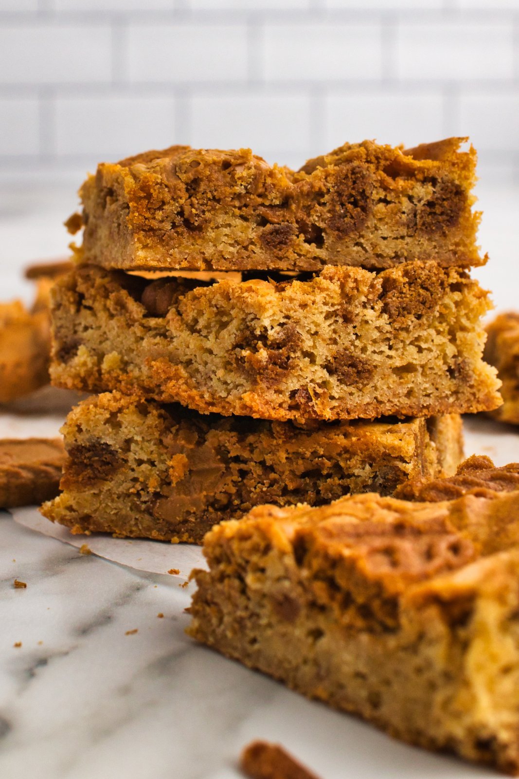 a stack of biscoff blondies