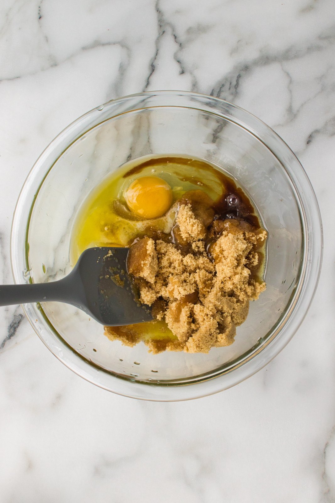 eggs, sugar, butter, and vanill getting mixed