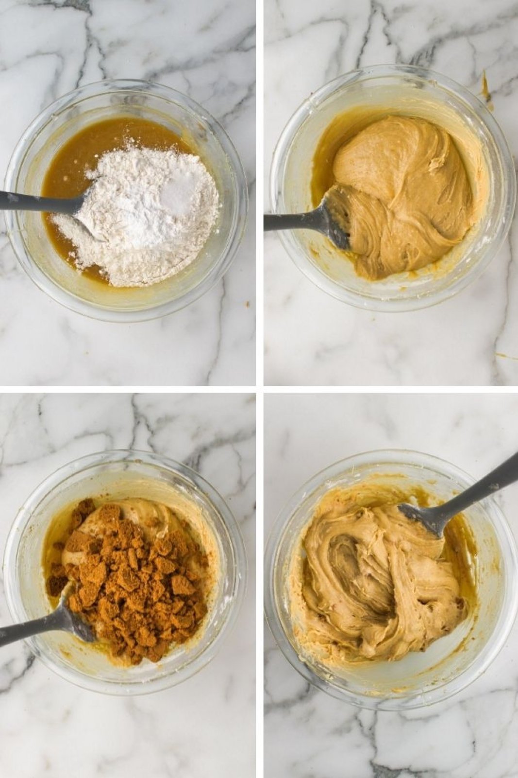 collage of the dry ingredients and mix ins being added to the blondies