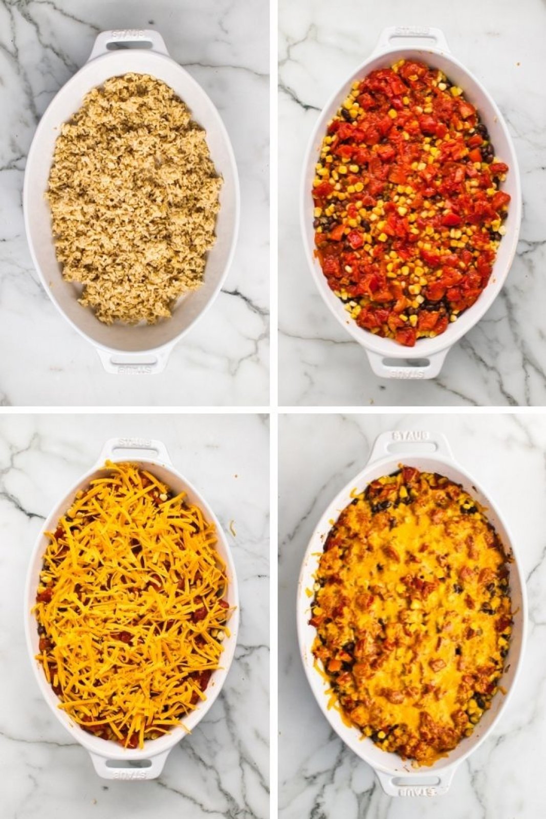 a collage showing the casserole being assembled and then baked