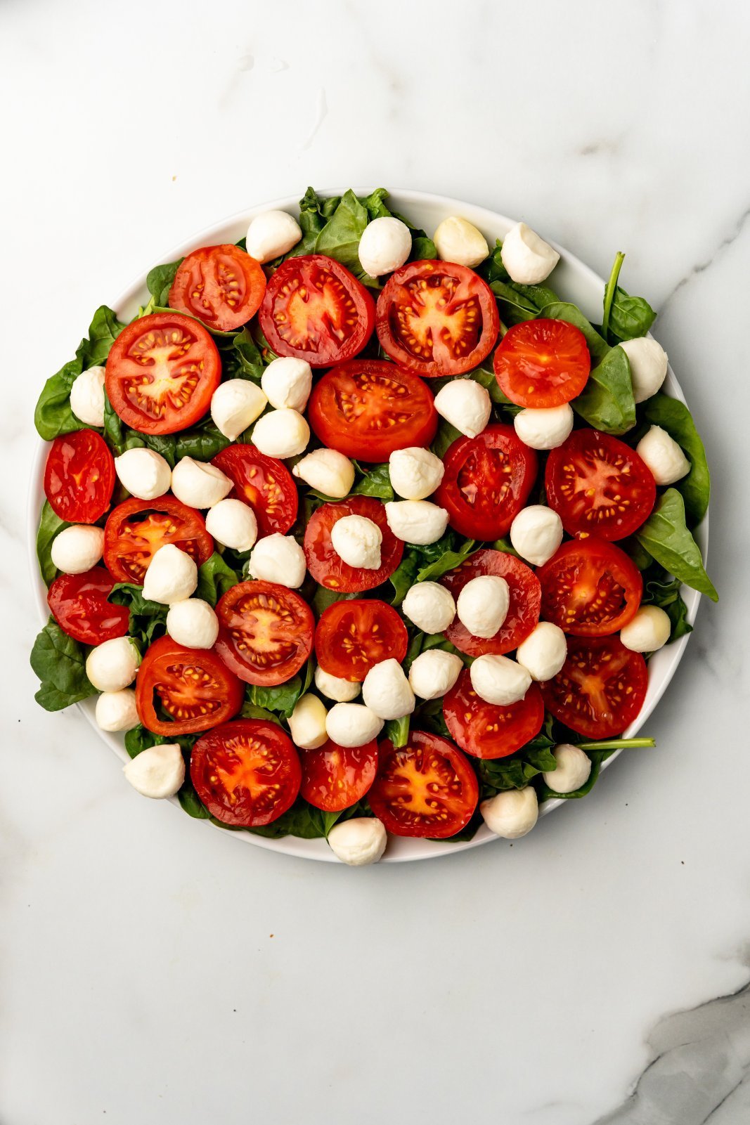 a large plate with spinach tomatoes and boccicini
