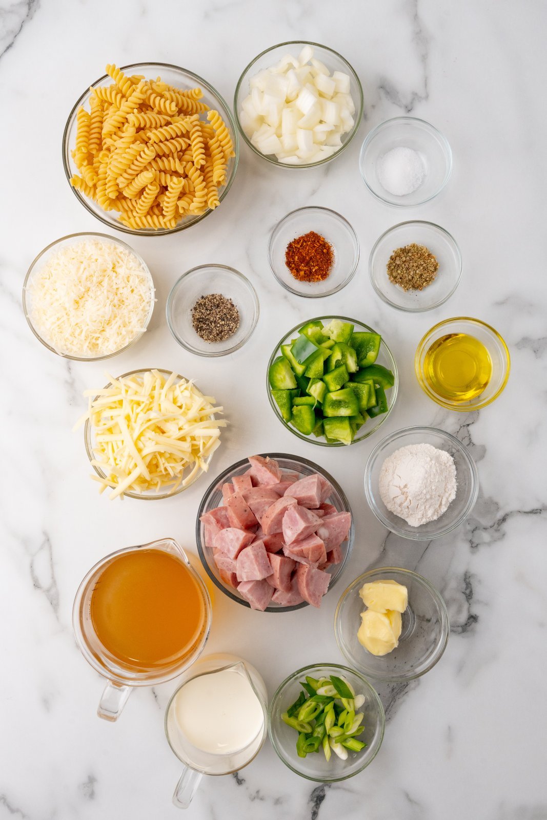 Top down view of all ingredients on a counter