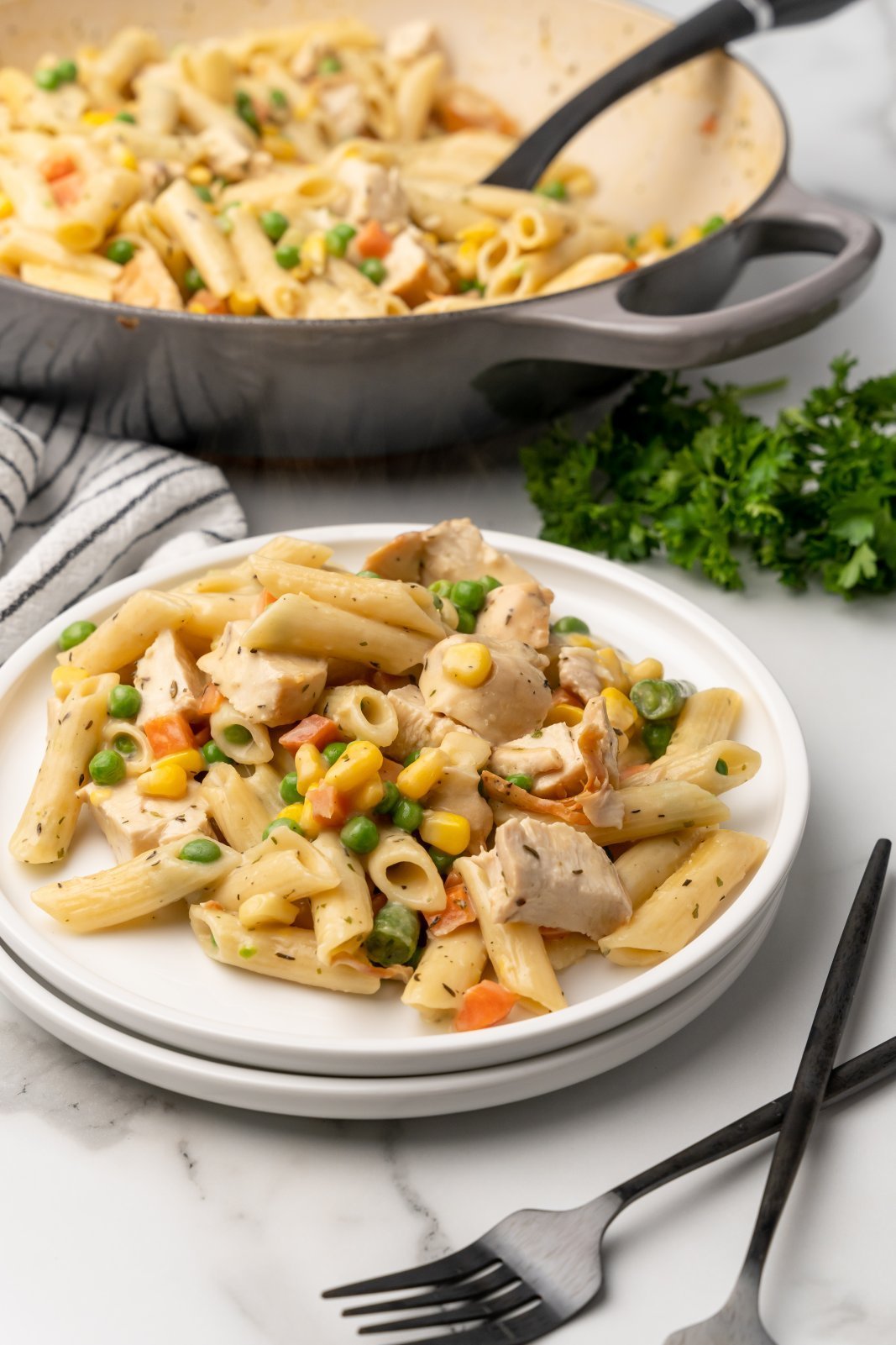 two plates stacked with a pile of chicken pot penne