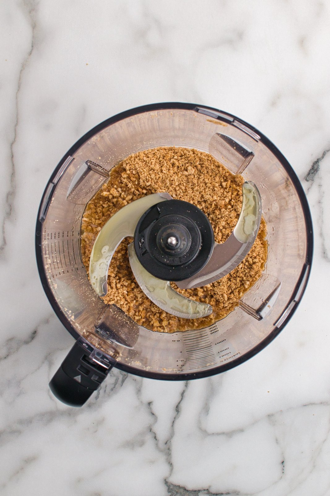 a food processor with cinnamon toast crunch crumbs and butter