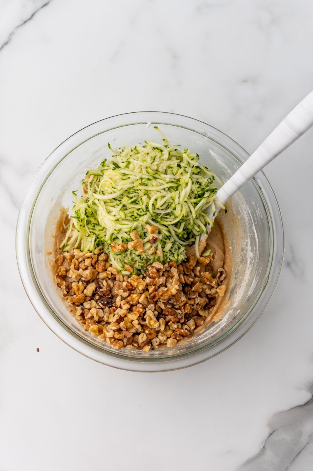 zucchini and walnuts added on top of batter