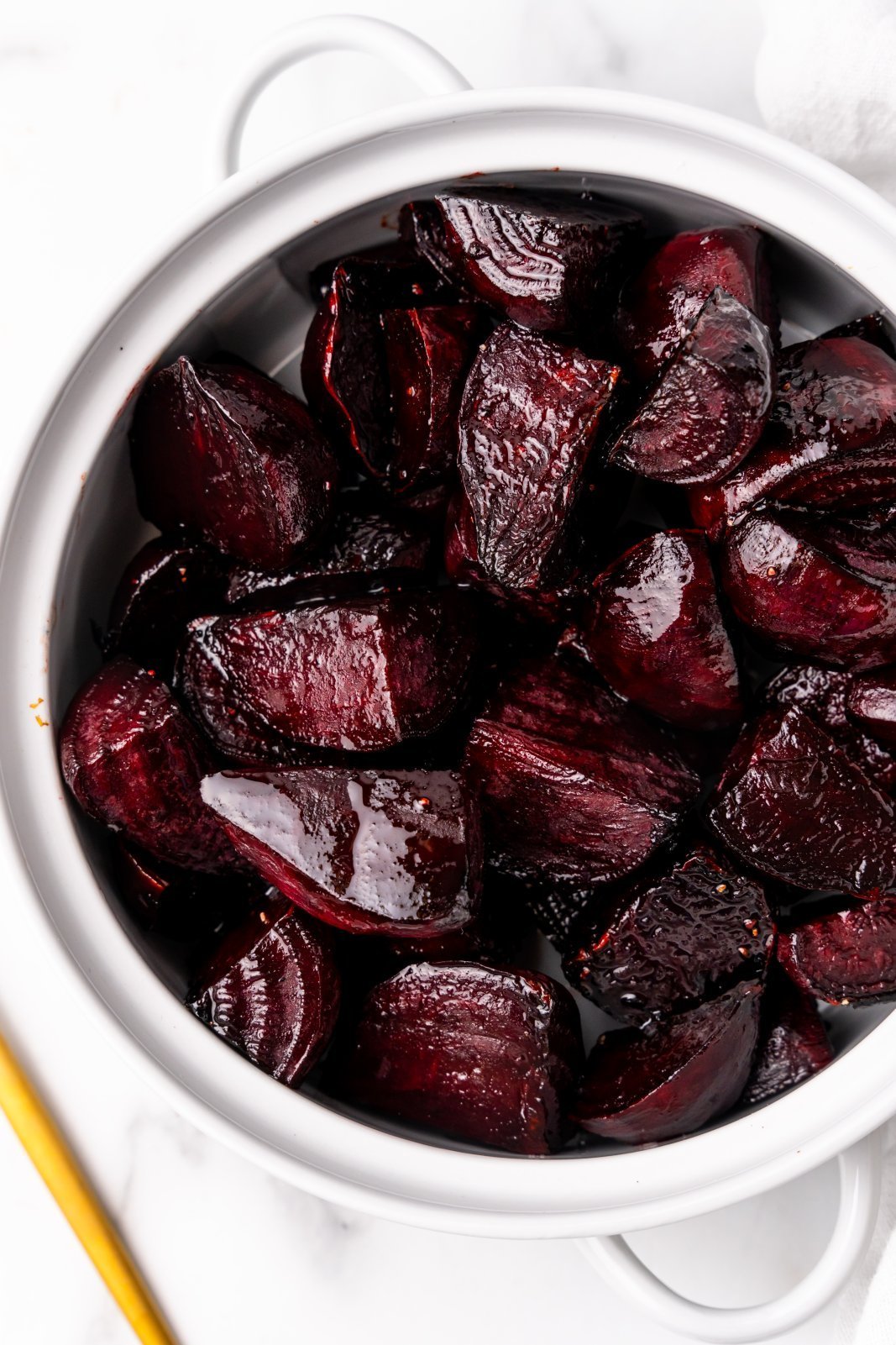 roasted pieces of beets in a serving pot