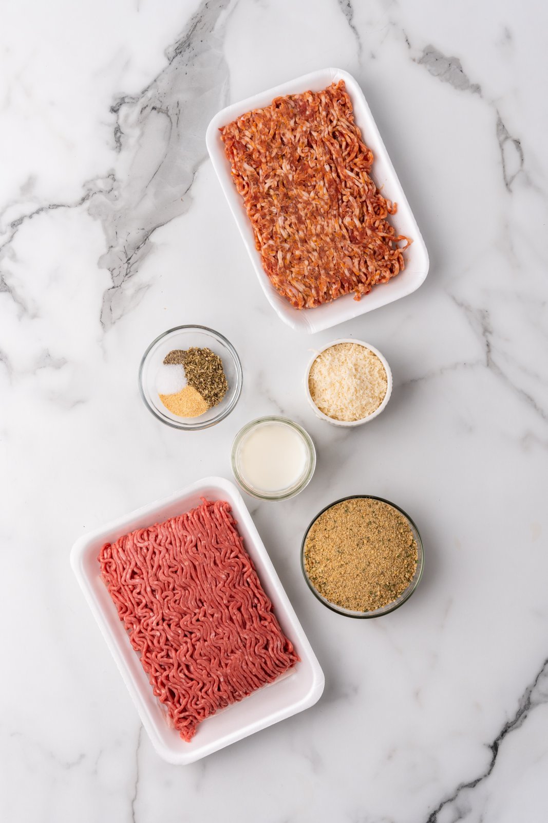 a top down view of all the ingredients needed for meatballs