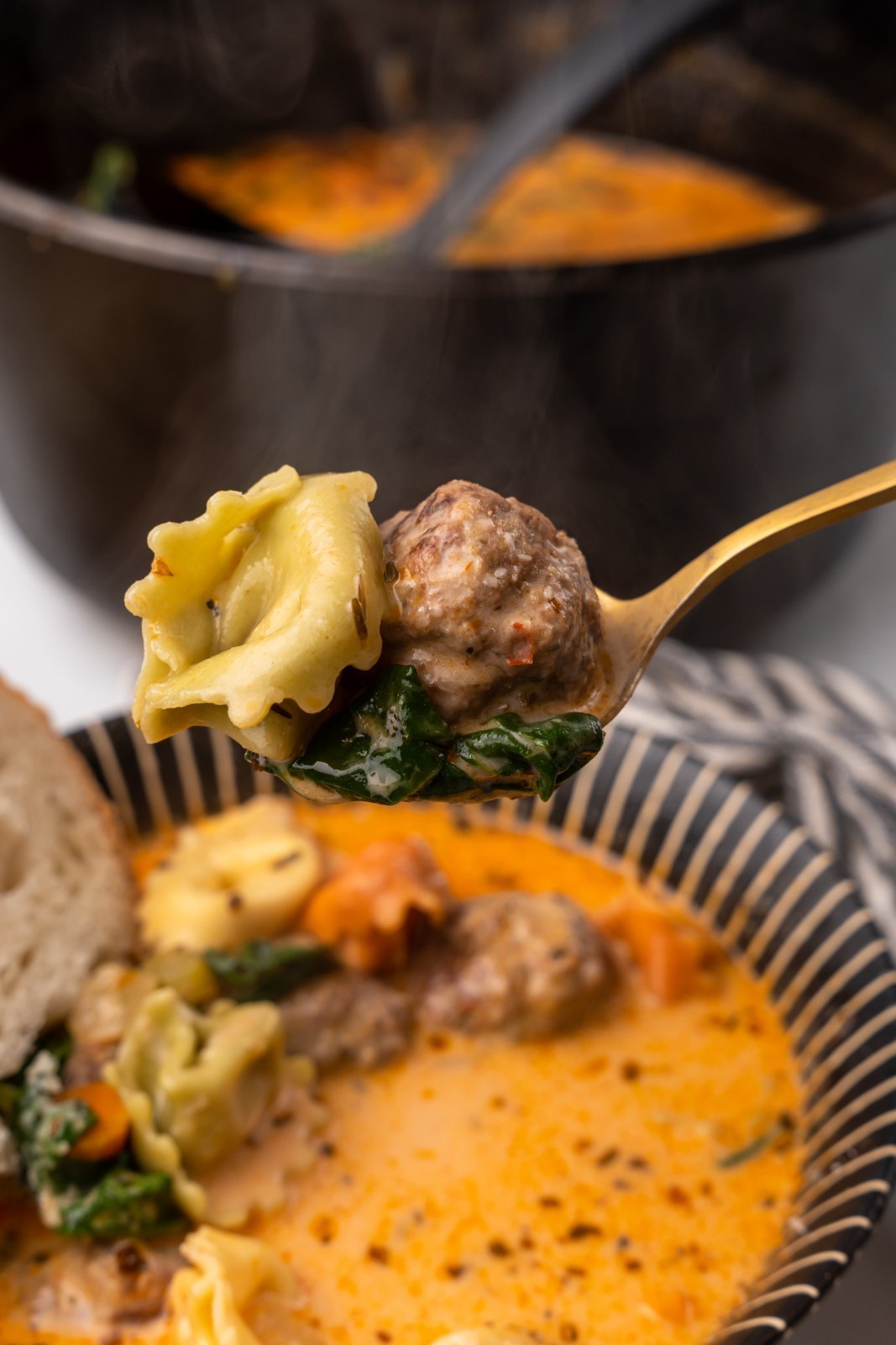 a steaming meatball and a tortellini on a spoon with the rest of the soup and soup pot in the background
