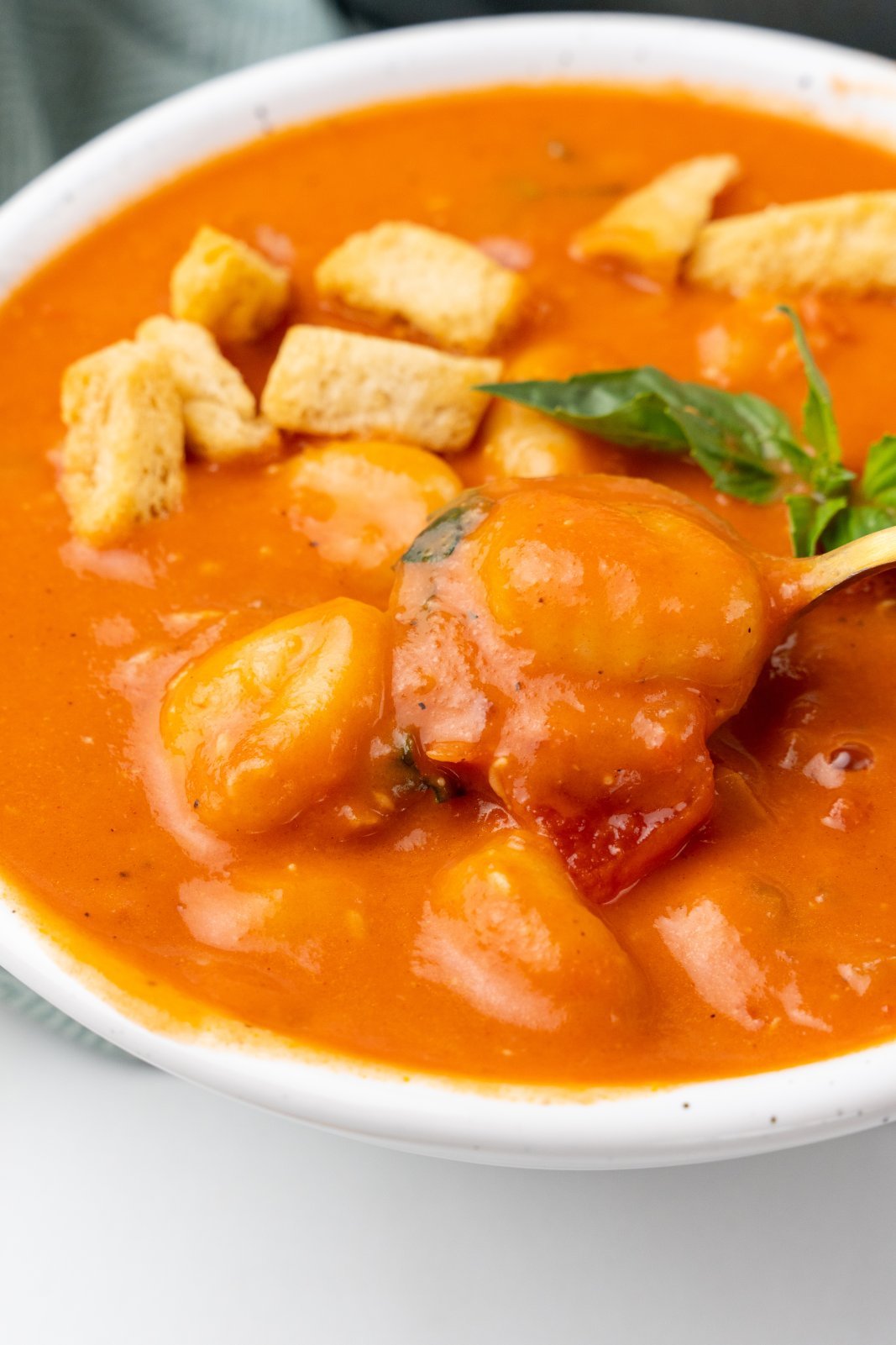 a spoonful of creamy gnocchi tomato soup