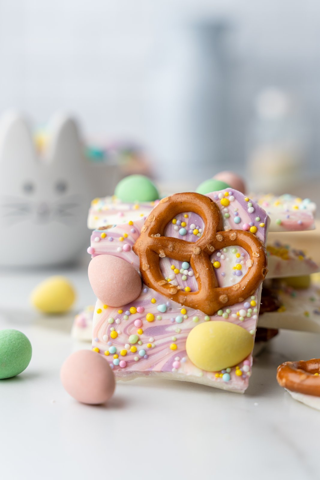 a piece of easter egg preztel bark