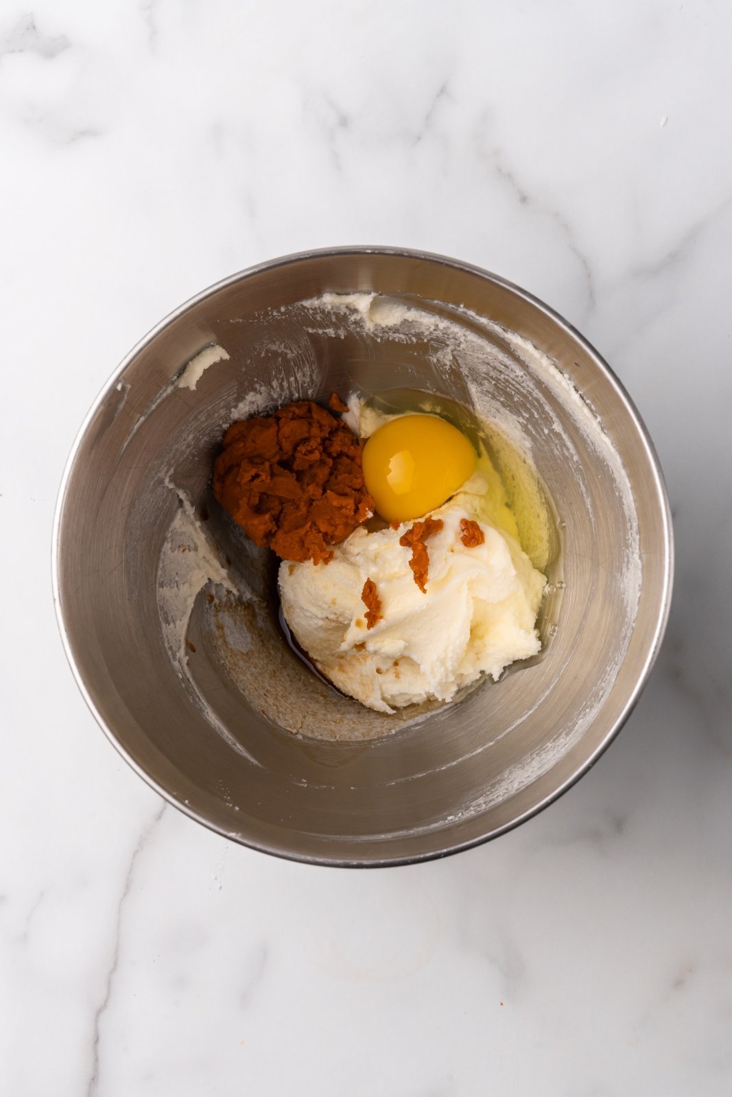 wet ingredients in the stand mixer bowl