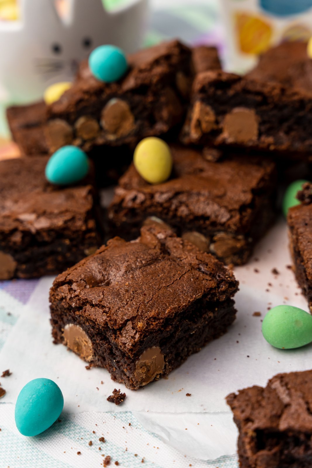 a close up of a mini egg brownie