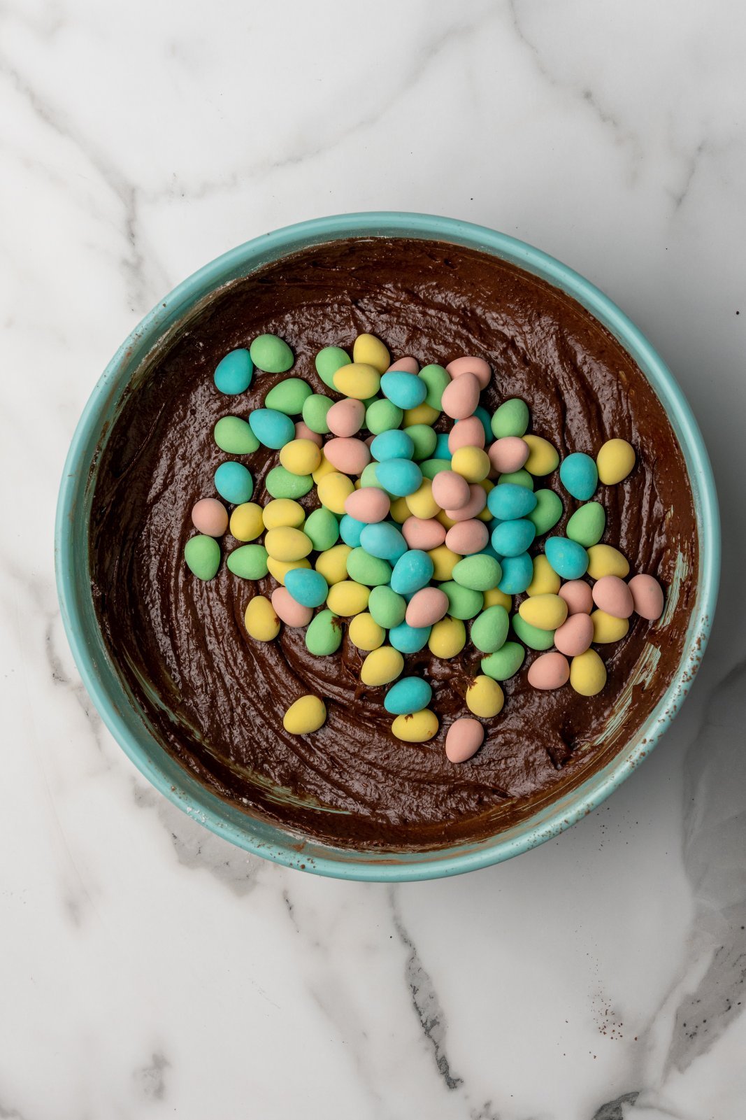the brownie batter with mini eggs on top