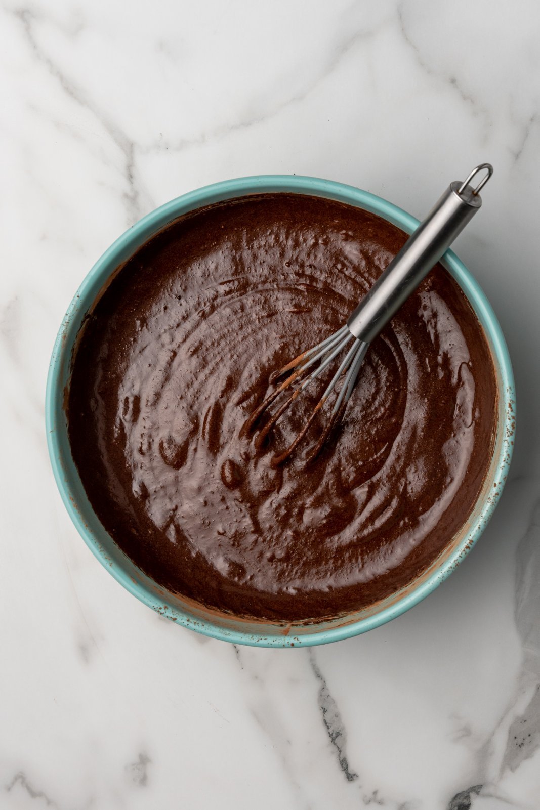 the brownie batter after cocoa is mixed in