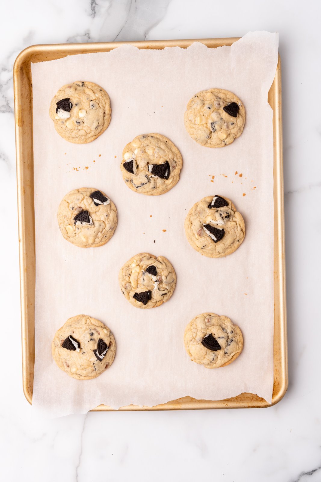 baked oreo cookies on a baking sheet