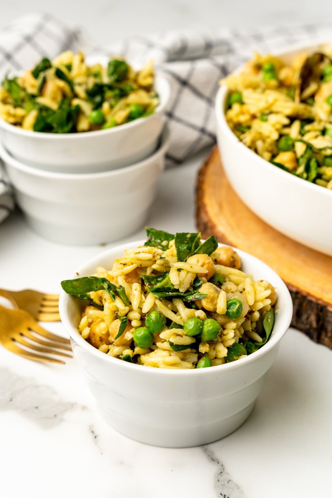 a small dish of pesto orzo salad