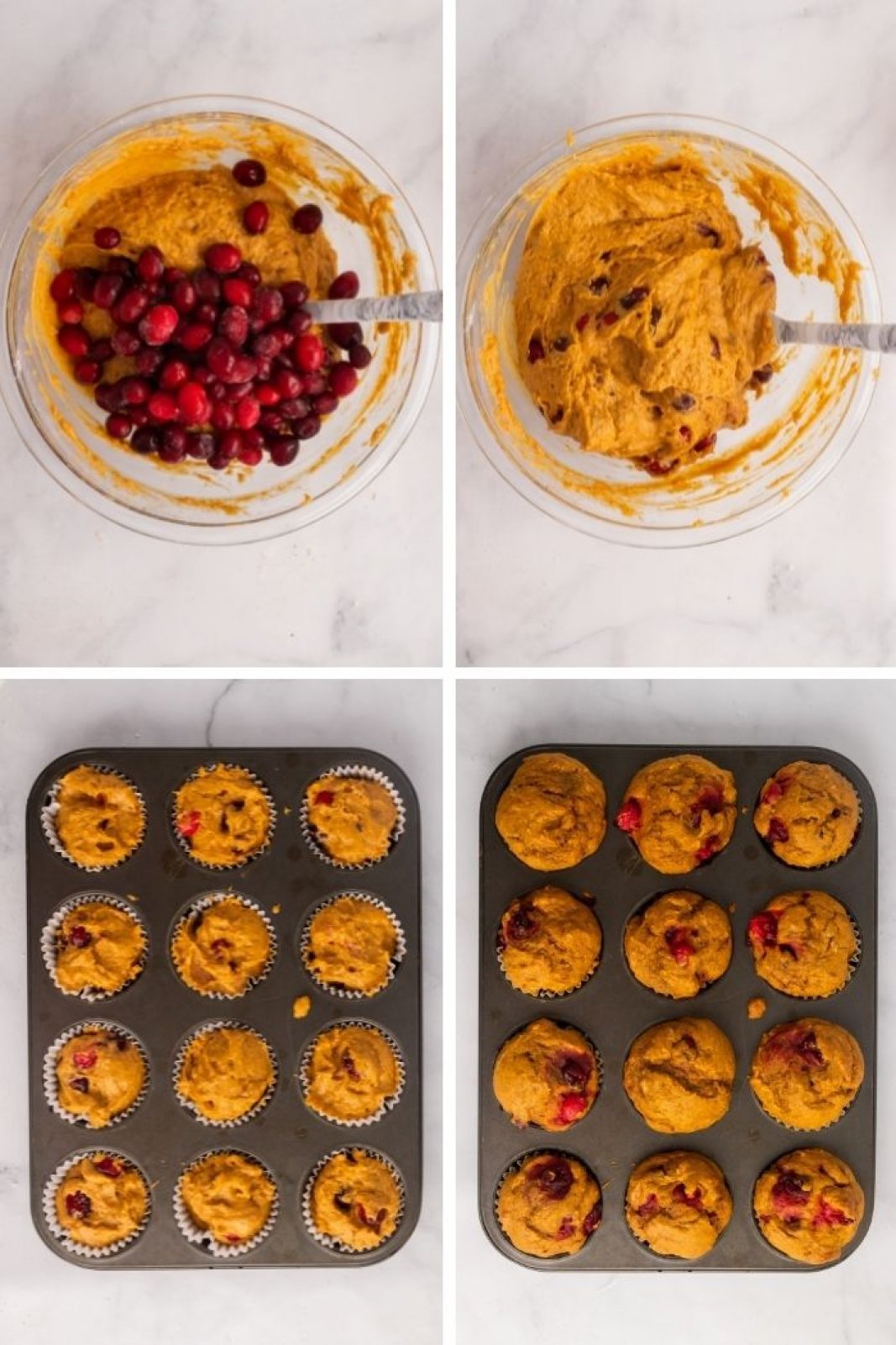 a collage showing the cranberries being added to the batter then portioned into the tin and baked