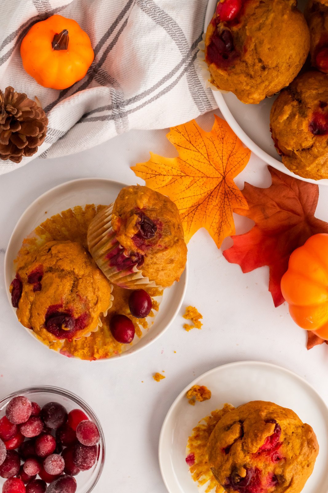 two muffins on a plate surrounded by more plates of muffins, fall leaves, pumpkins and a small dish of cranberries