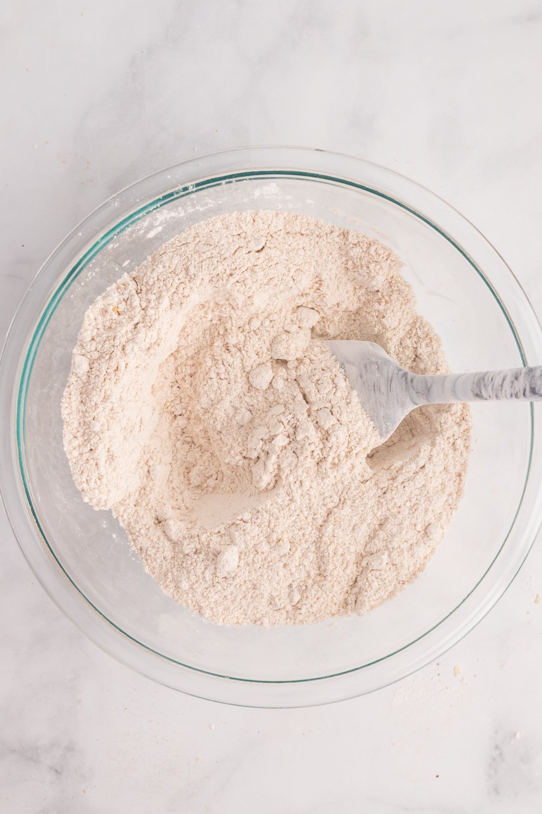a view of all the dry ingredients mixed in a large bowl