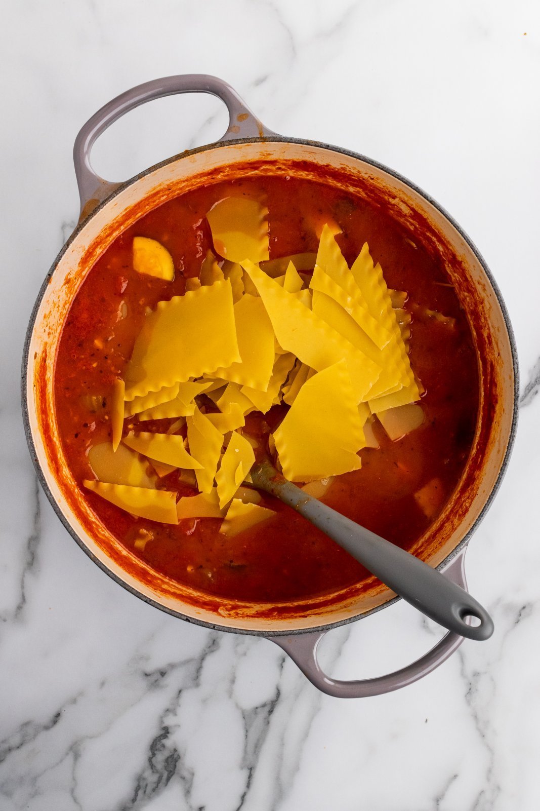 soup with lasagna noodles added to cook