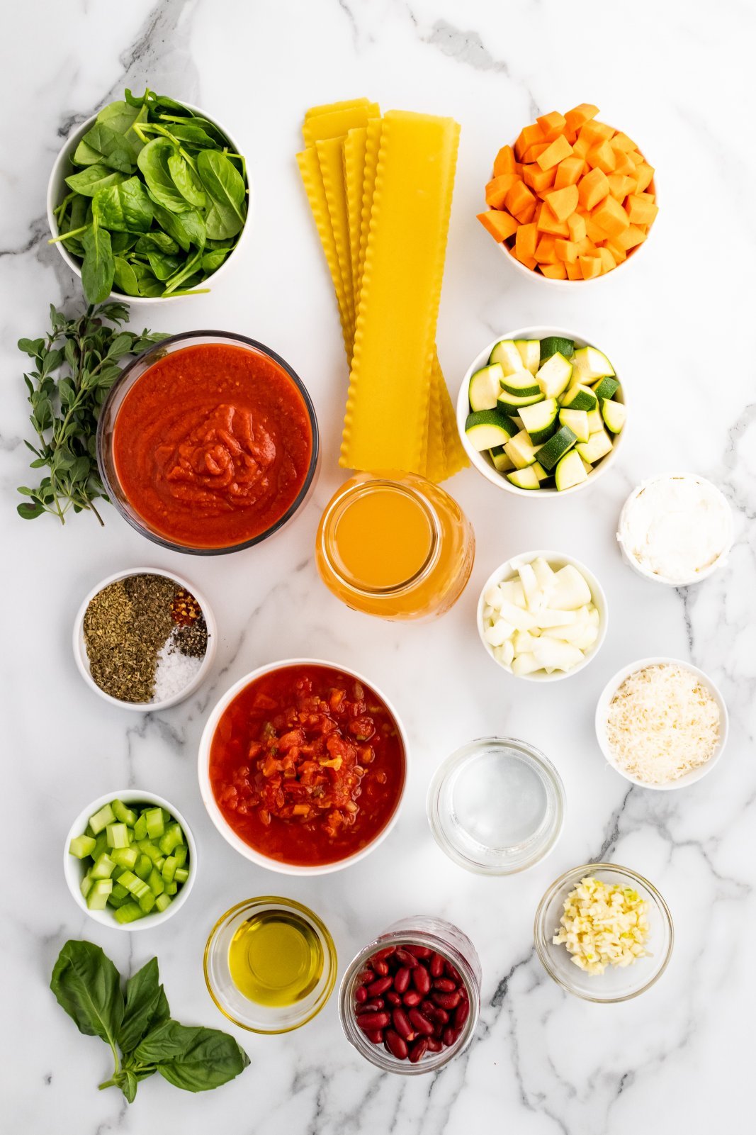 a photo of all the ingredients used in vegetable lasagna soup
