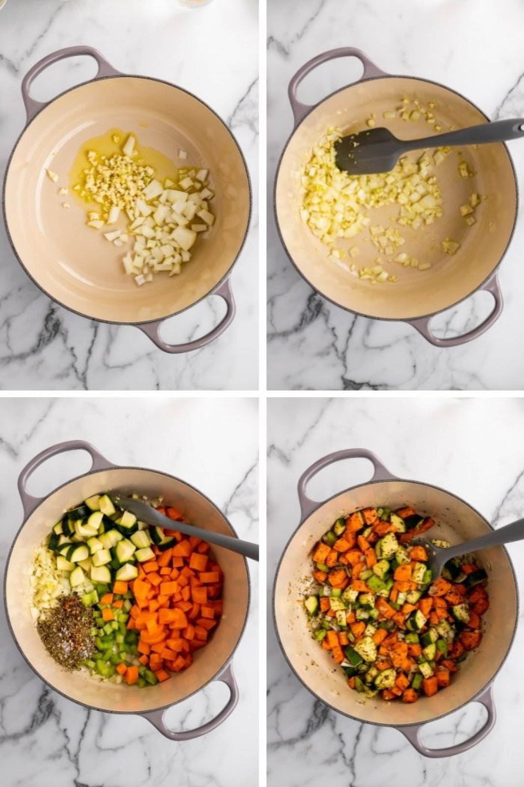 a collage showing the vegetables and spices cooked