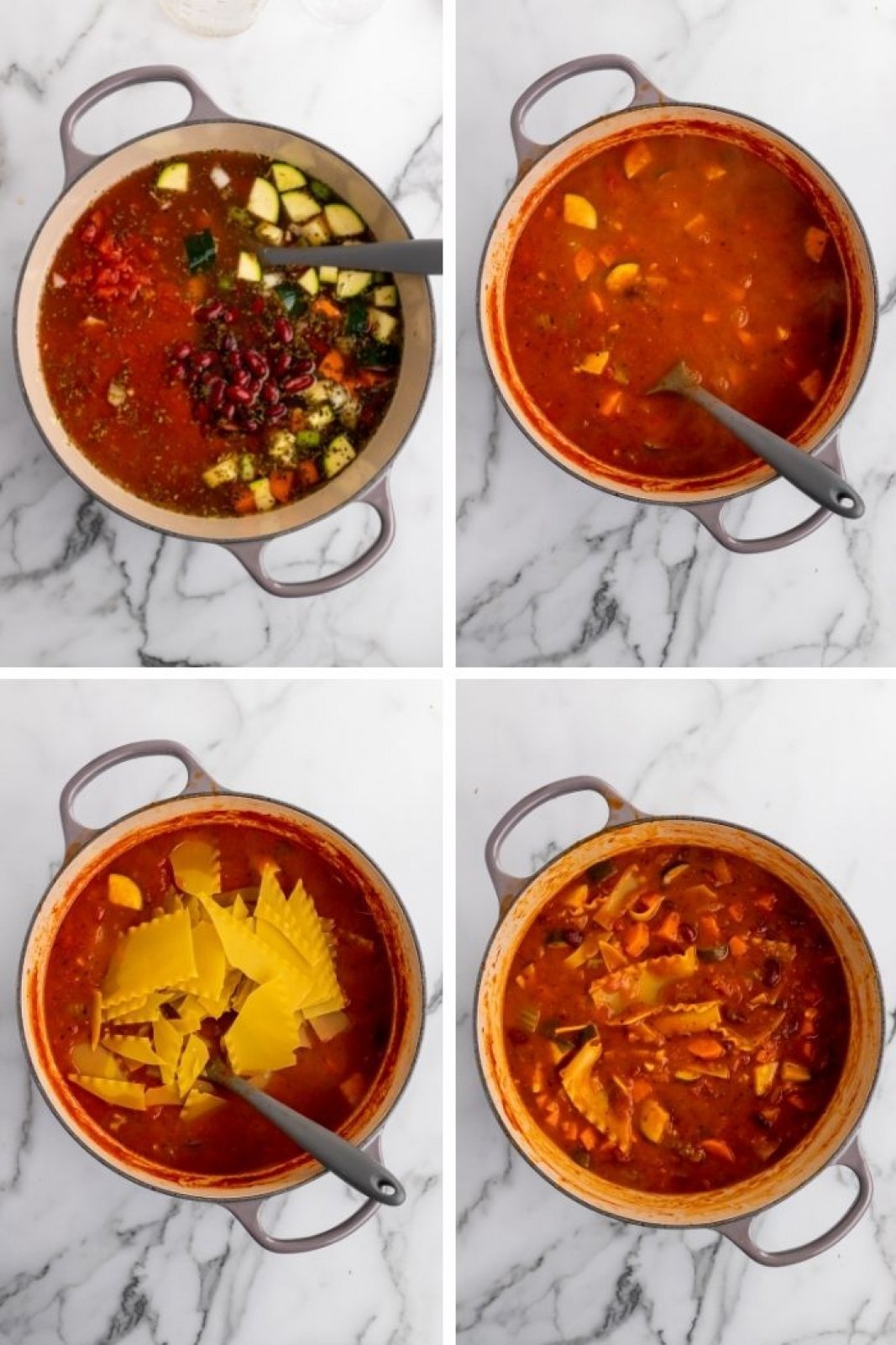 a collage showing the kidney beans added, then the lasagna noodles cooked