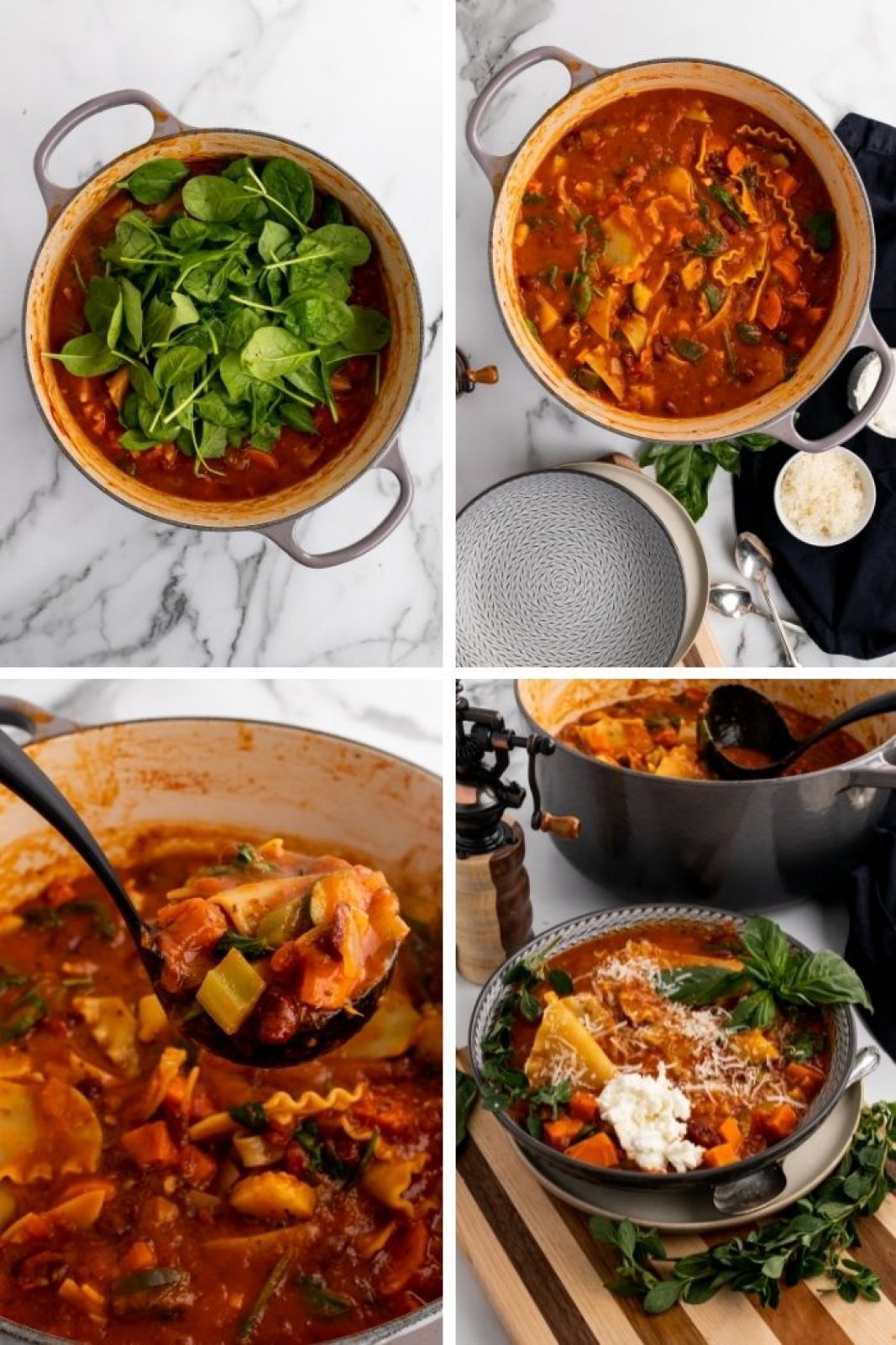 adding the spinach and serving the lasagna soup with cheese