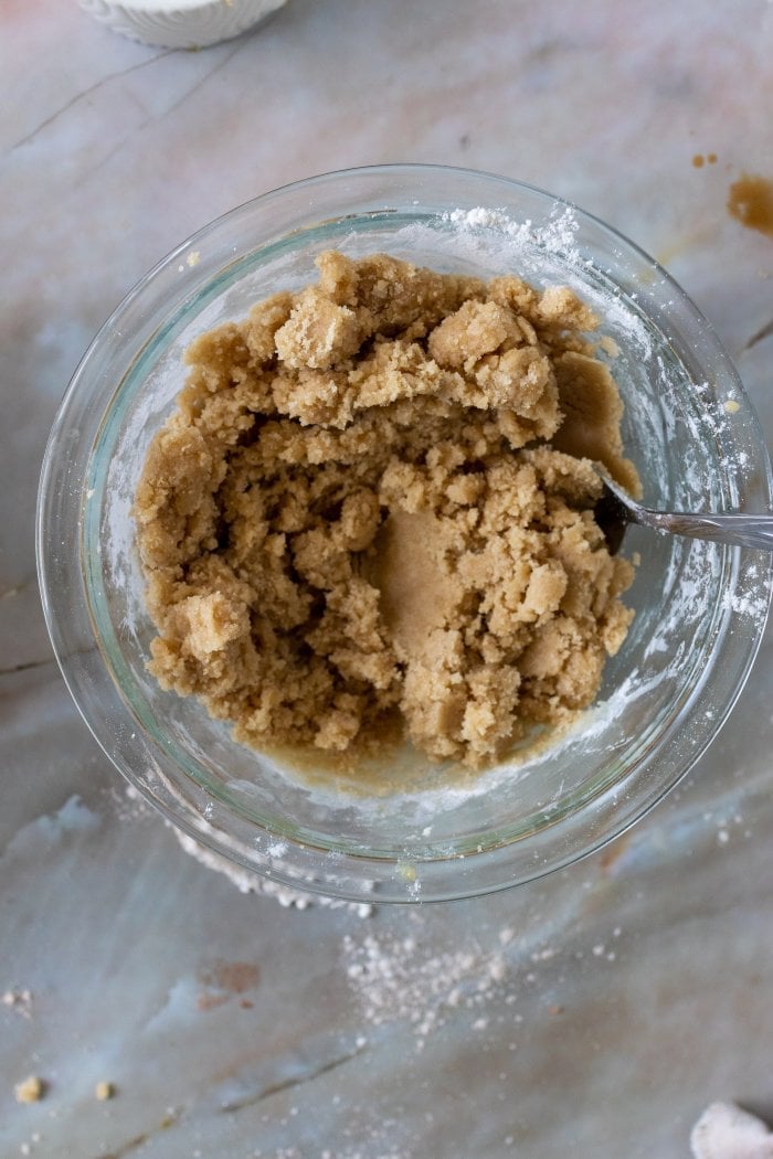 crumble topping is mixed in a small bowl