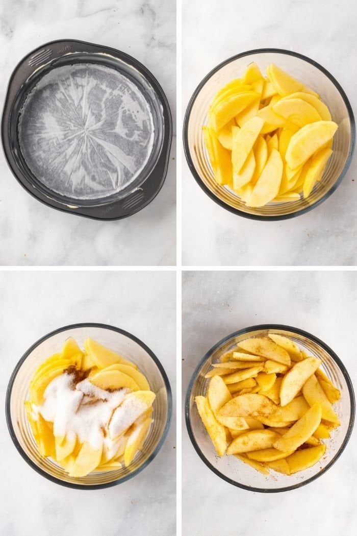 a collage showing a lined pan, and apples with cinnamon and sugar added