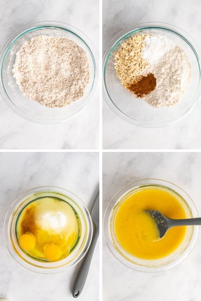 a collage of mixing the dry ingredients followed by the wet ingredients