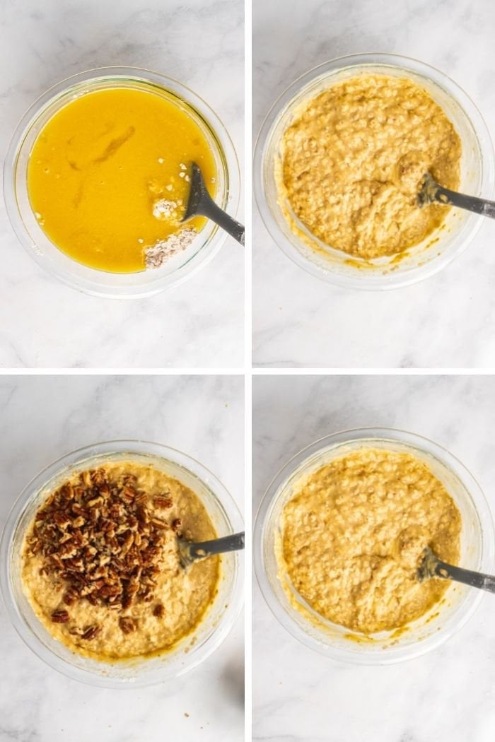 a collage of adding the wet ingredients to the dry and mixing in the pecans