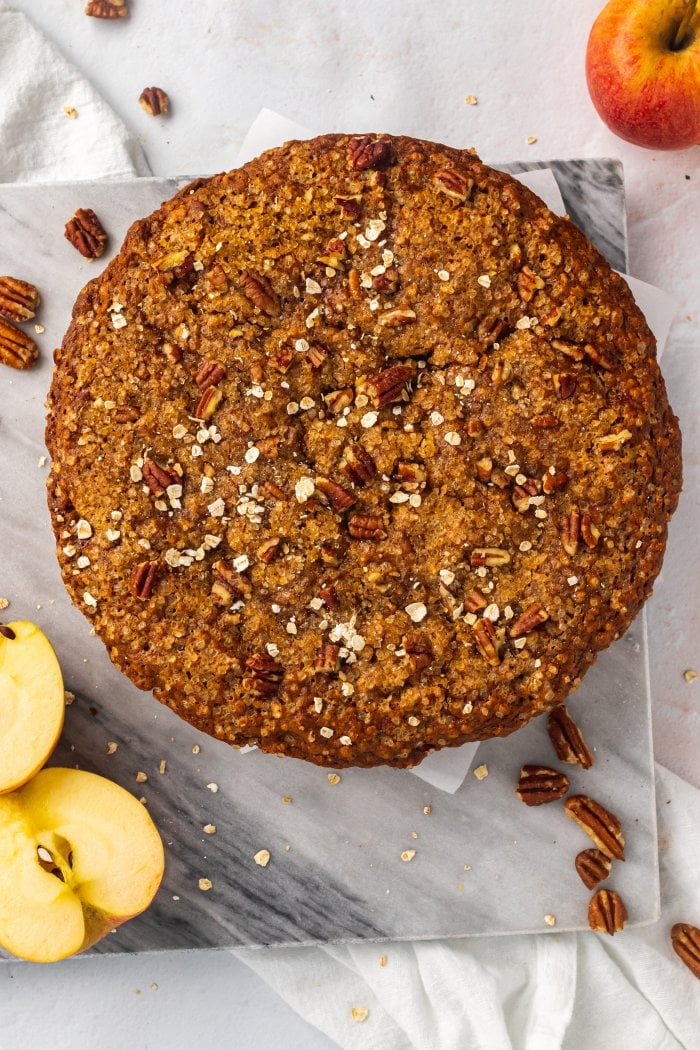 a top down view of apple oatmeal cake
