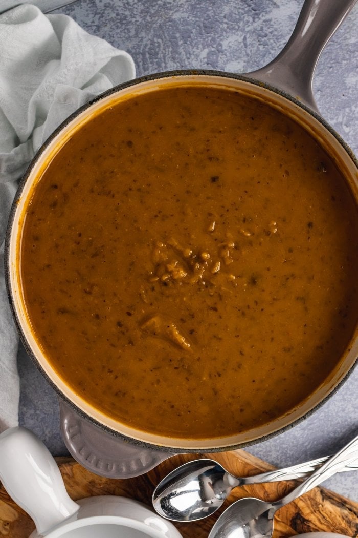 a top down view of the black bean butternut squash soup in the pot