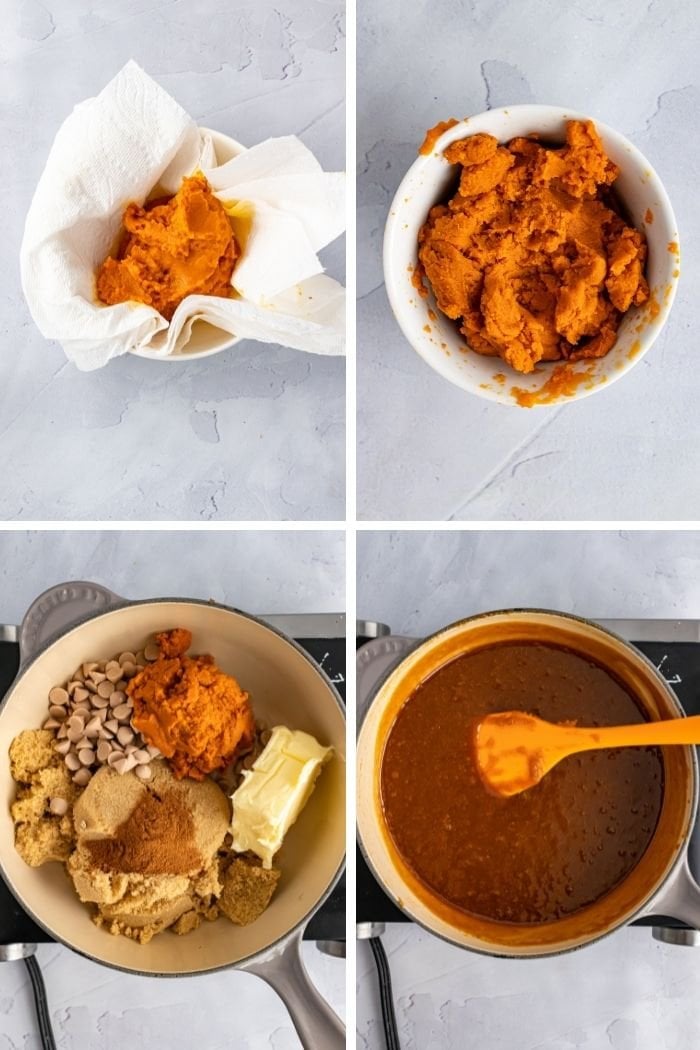a collage showing the pumpkin being drained of excess moisture, then added to a pan with the other ingredients
