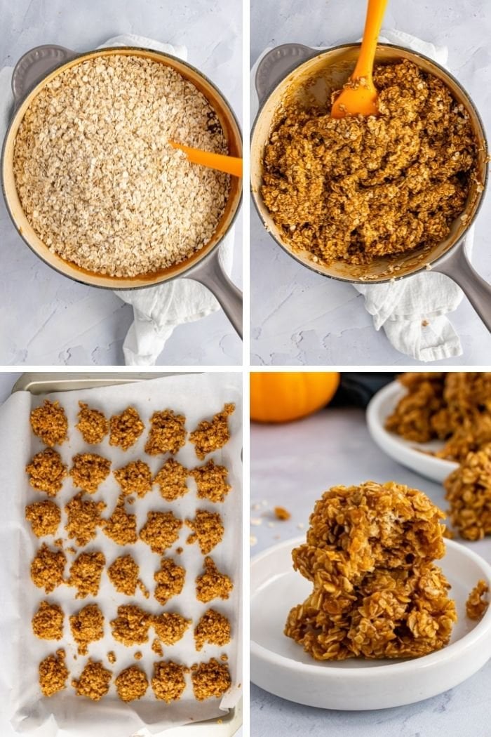 a collage of the oats being mixed into the sugar mixture and then the cookies being formed on a lined sheet