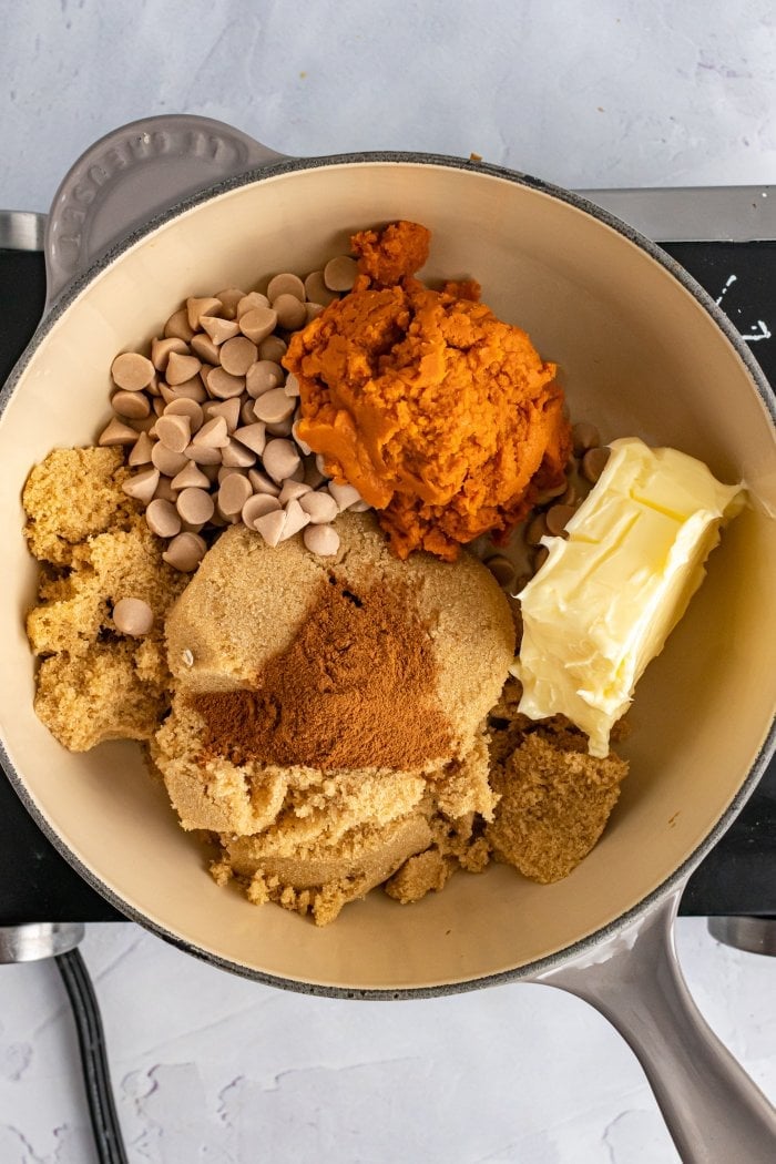 ingredients are shown inside a large sauce pan