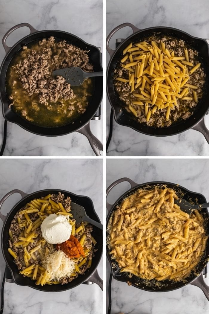 a collage of steps showing the pasta being cooked and the sauce ingredients added and mixed into the dish