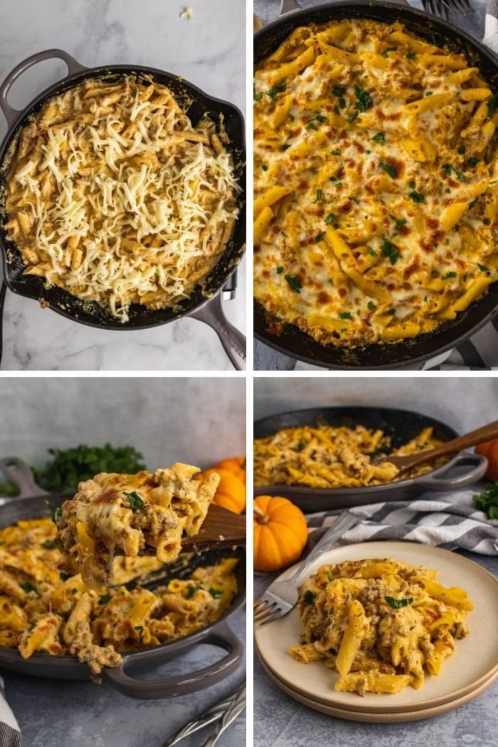 a collage of steps showing the mozzarella cheese being added and then broiled and the pastsa being scooped onto a plate