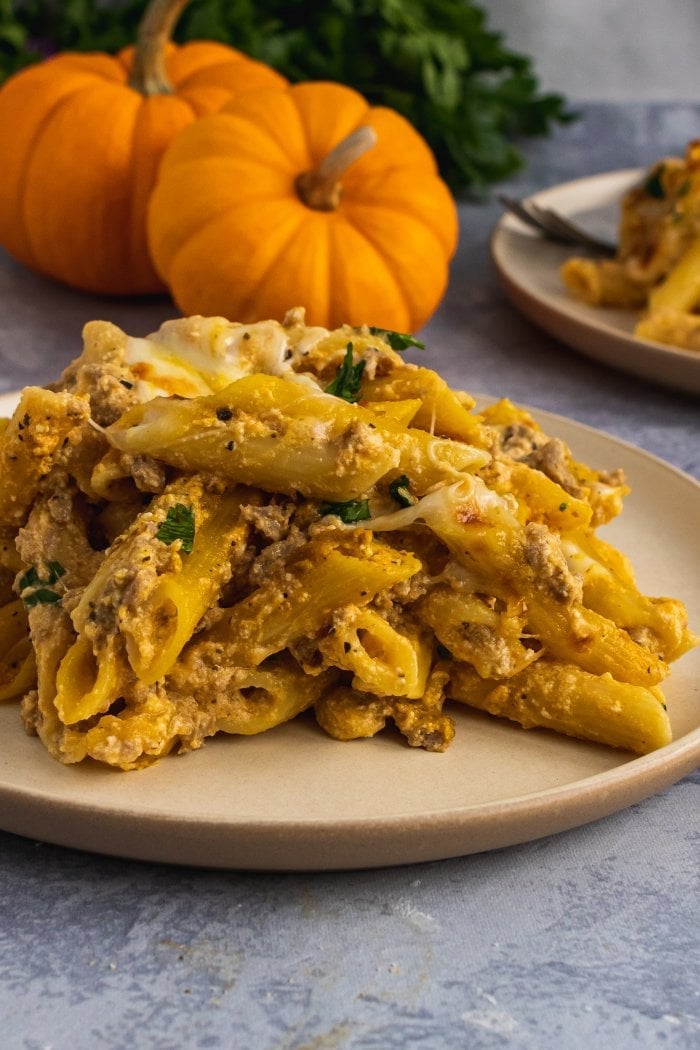a close up of a plate of one pot pumpkin ricotta pasta