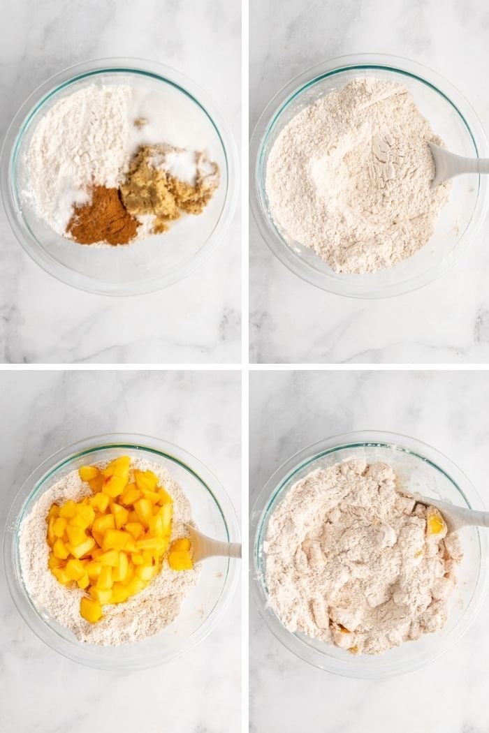 a top down collage showing the dry ingredients being mixed and the peaches being added into the dry ingredients