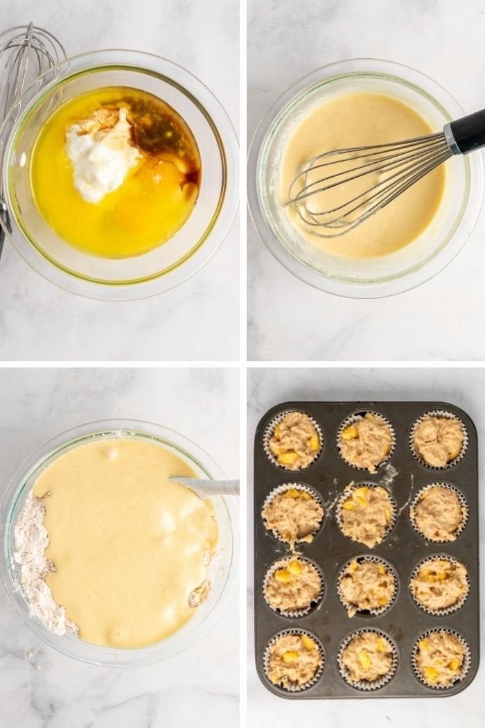 a collage showing wet ingredients mixed and added to the dry for peach cobbler muffins