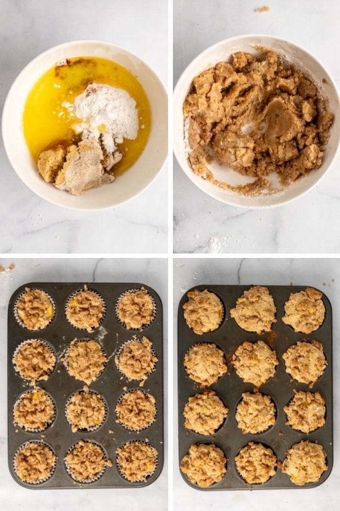 collage showing streusel topping being prepared and added to the tops of the muffins, then the baked muffins