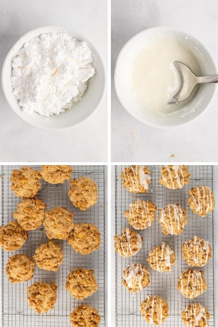 a collage showing the glaze being prepared then added to cooked and cooled peach cobbler muffins